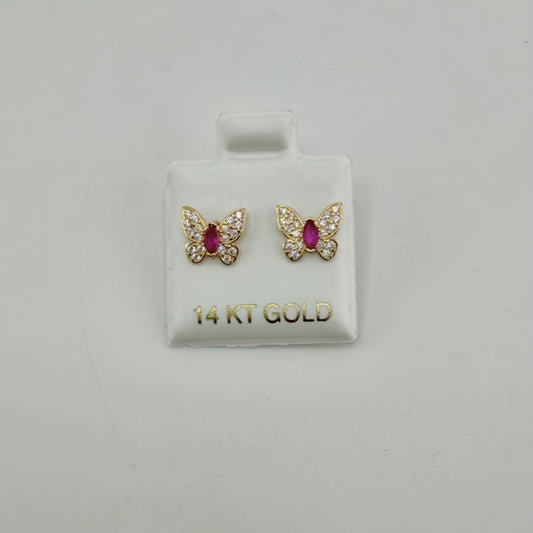 14k Gold Pink Cz Butterfly Earrings