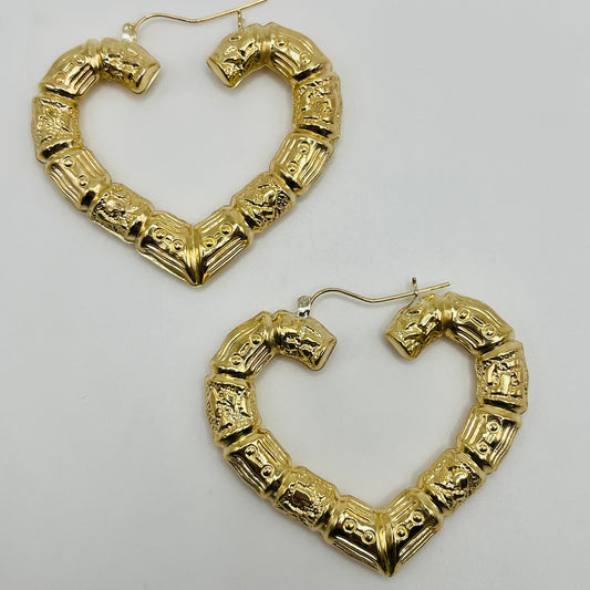 10K Gold Bamboo Heart Hoop Earrings (2 inch)