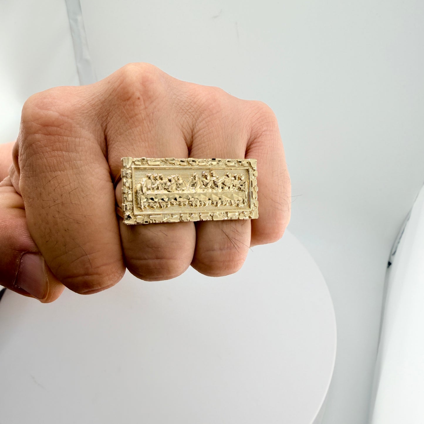 10K Two Finger Last Supper Ring with Nugget Border (Large)