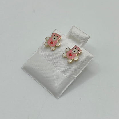 10k Gold Pink Enamel Teddy Bear Earrings (Screwback)