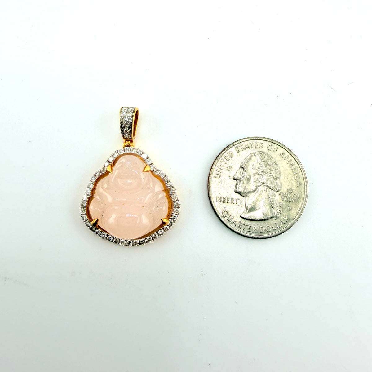 10k Gold Natural Diamond Pink Jade Buddha Charm