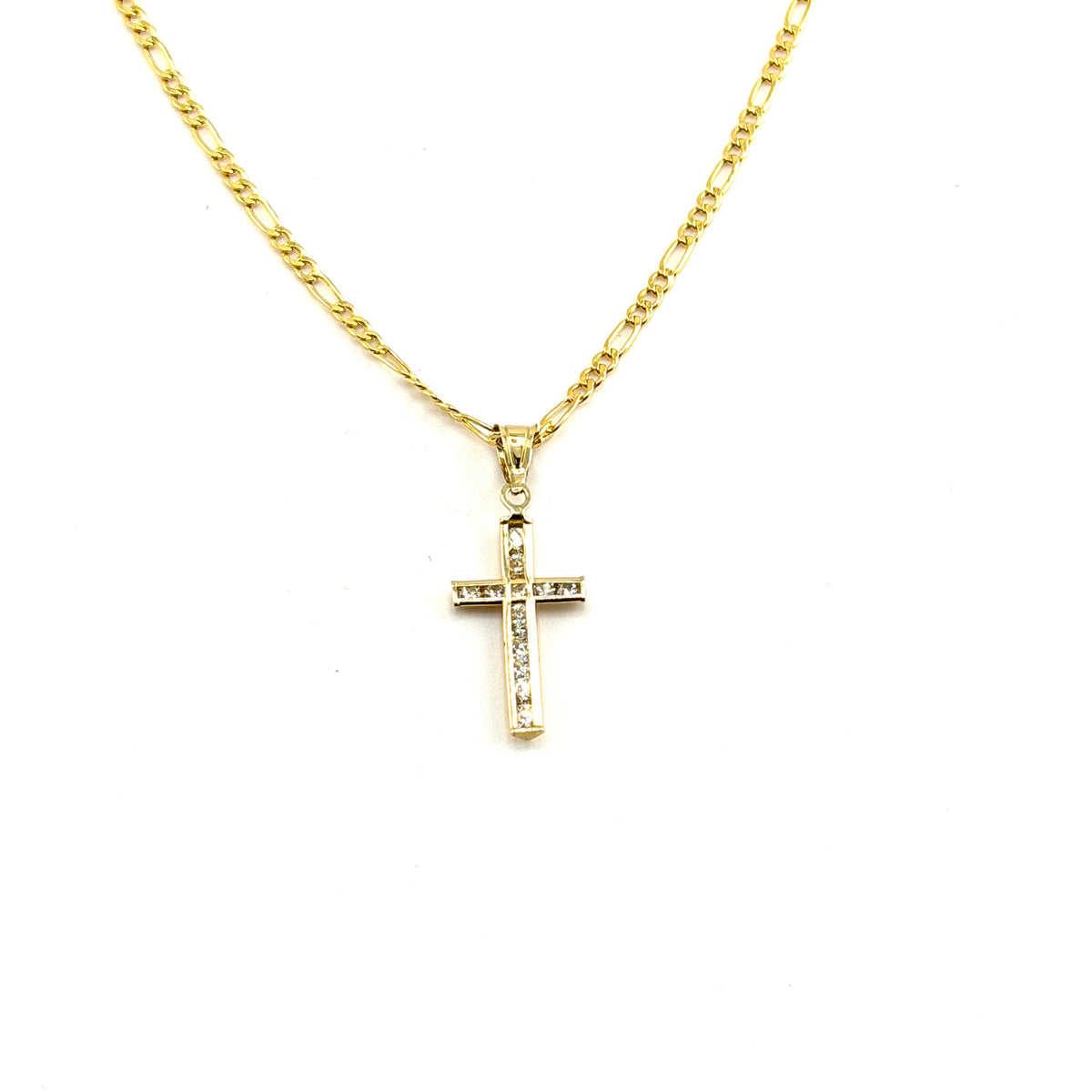 14K Gold Necklace Set - CZ Classic Cross with Figaro Chain