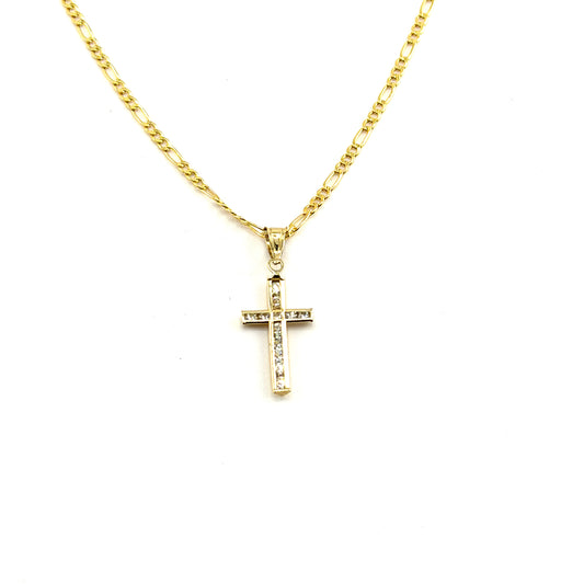 14K Gold Necklace Set - CZ Classic Cross with Figaro Chain