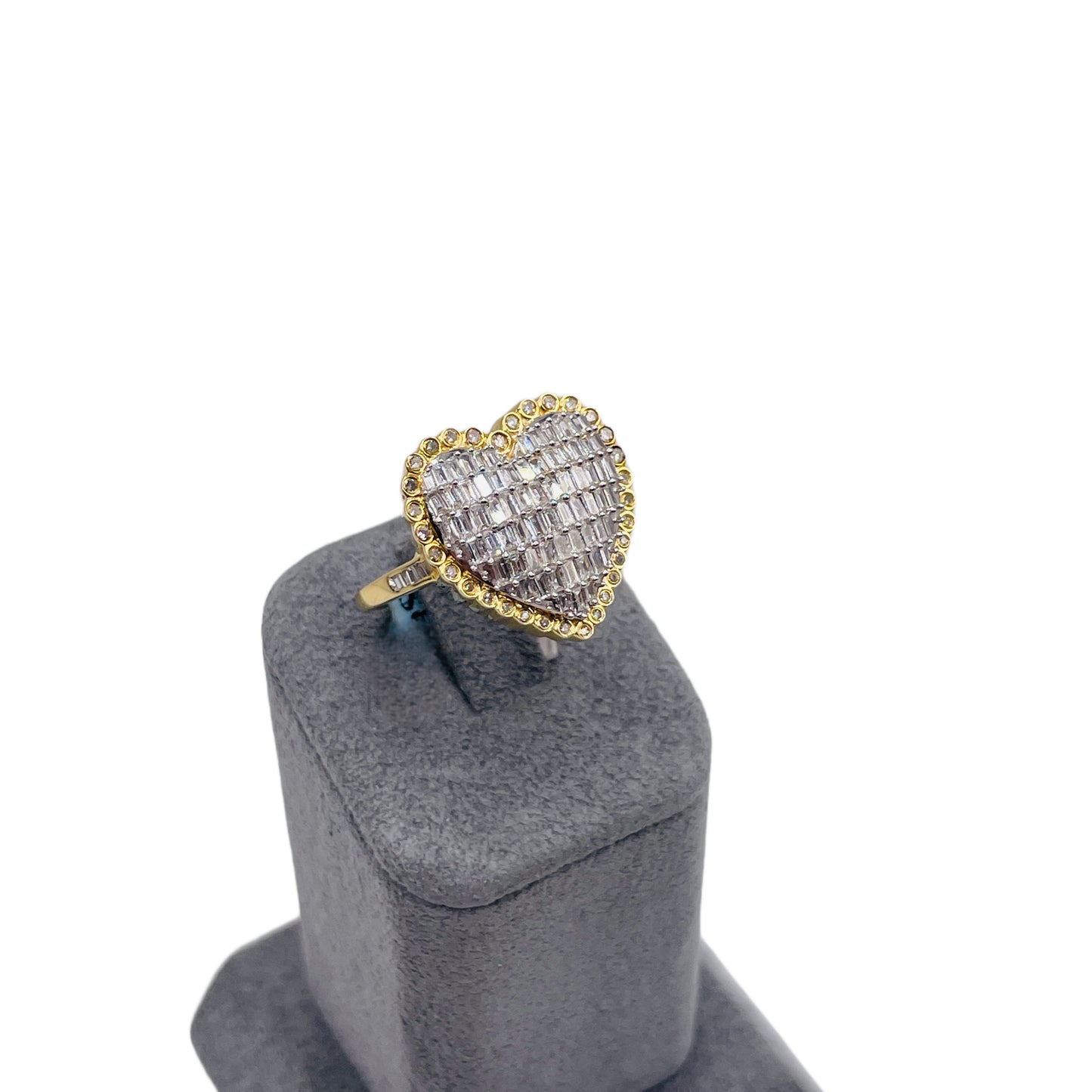 14K Gold Domed Diamond Baguette Heart Ring