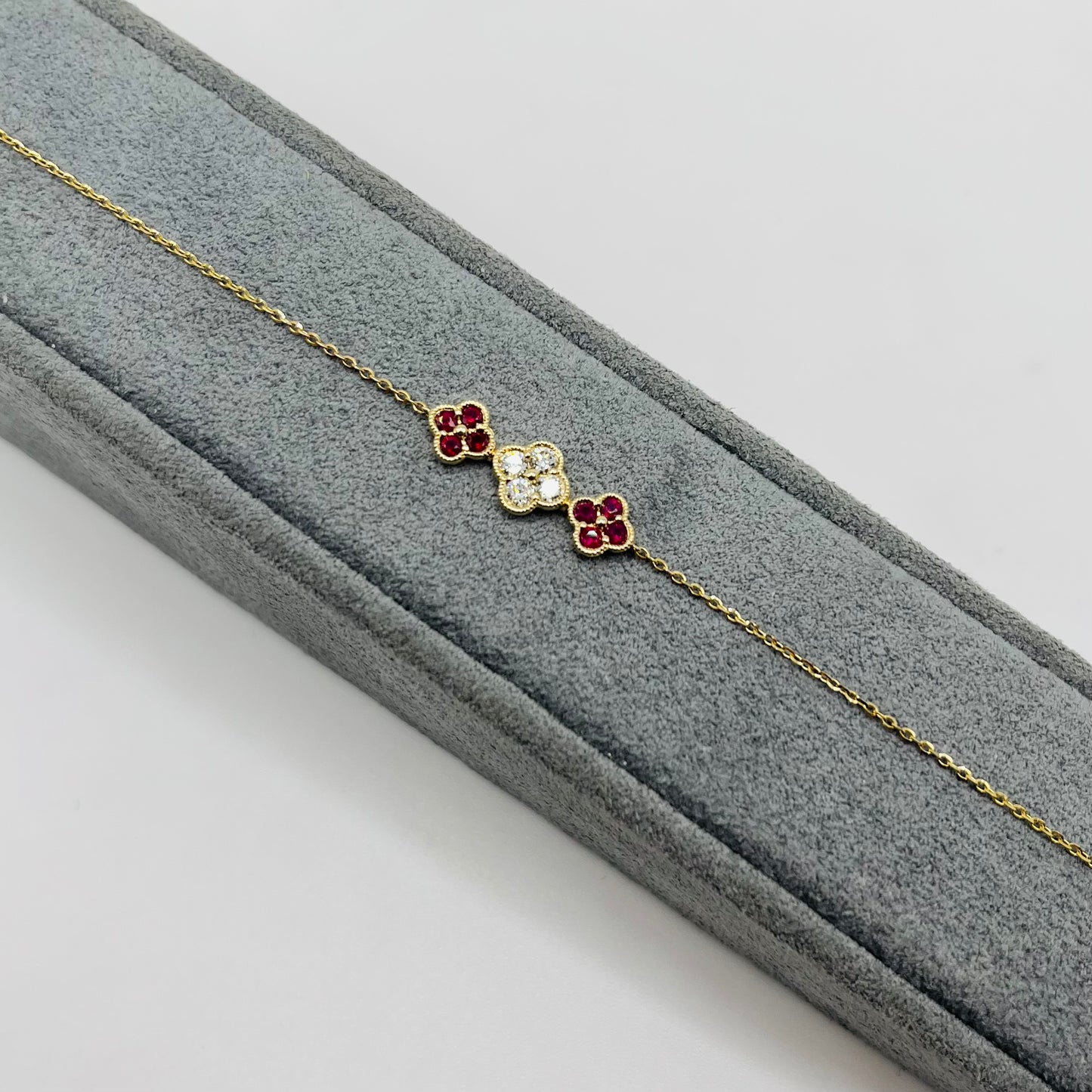 14k Gold Diamond Ruby Clover Bracelet