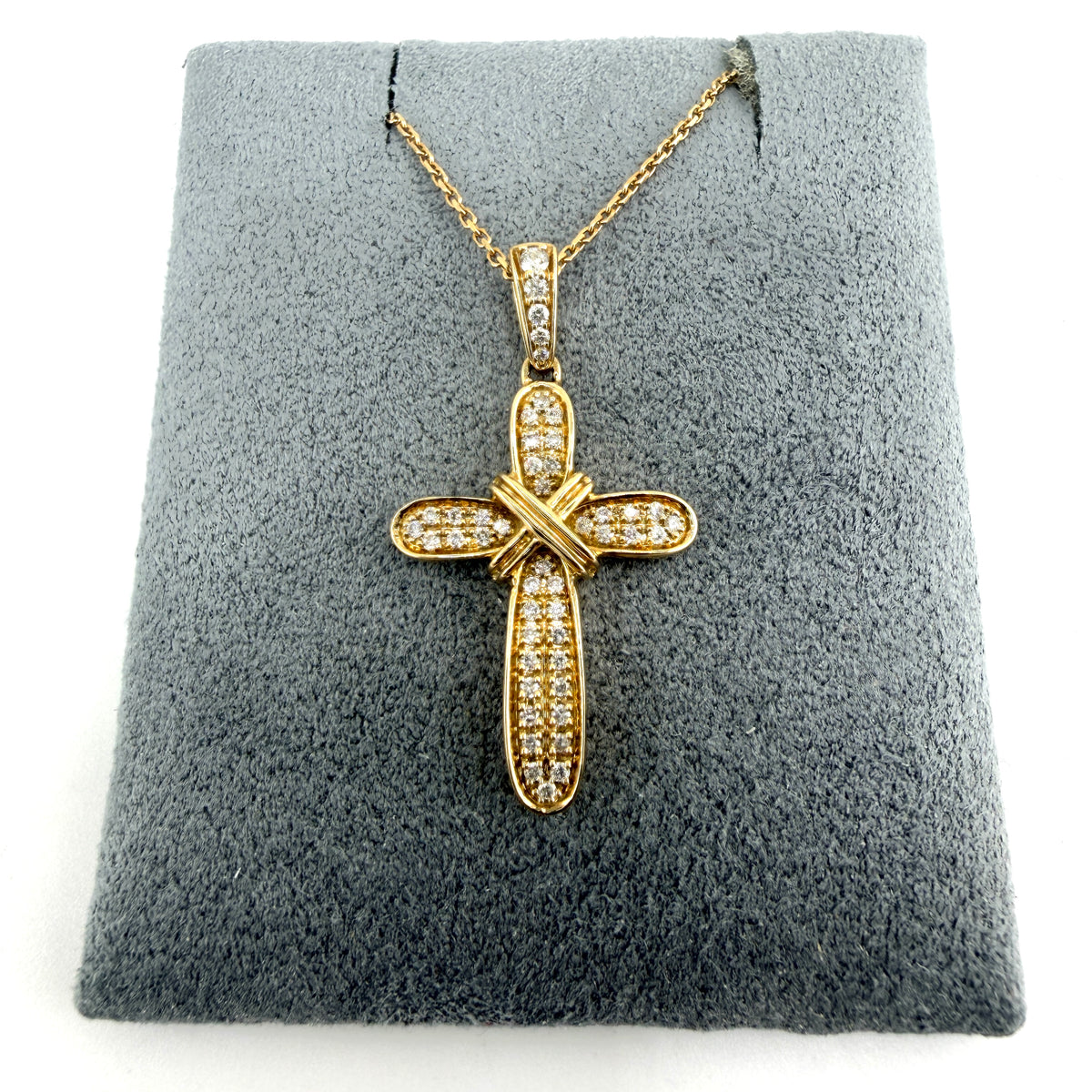 14k Gold Natural Diamond Ribbon Cross Pendant Necklace Set