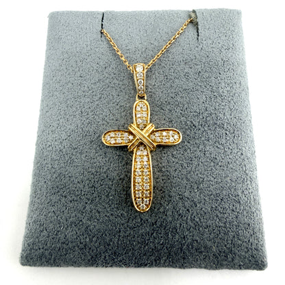 14k Gold Natural Diamond Ribbon Cross Pendant Necklace Set