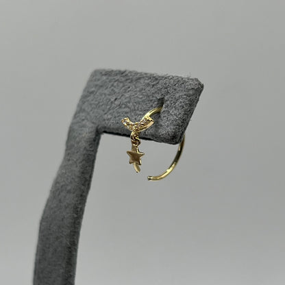 14K Gold CZ Moon with Dangling Star Nose Ring Hoop