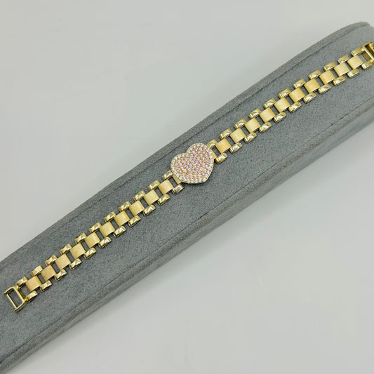 10K Gold RX Bracelet with Pink Heart CZ Charm (6.5")