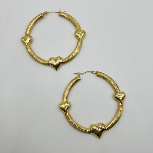 10K Gold Triple Heart Hoop earrings ( 2")