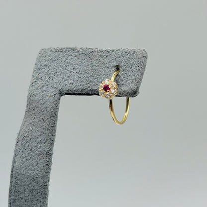 14K Gold CZ White Flower with Ruby Nose Ring Hoop