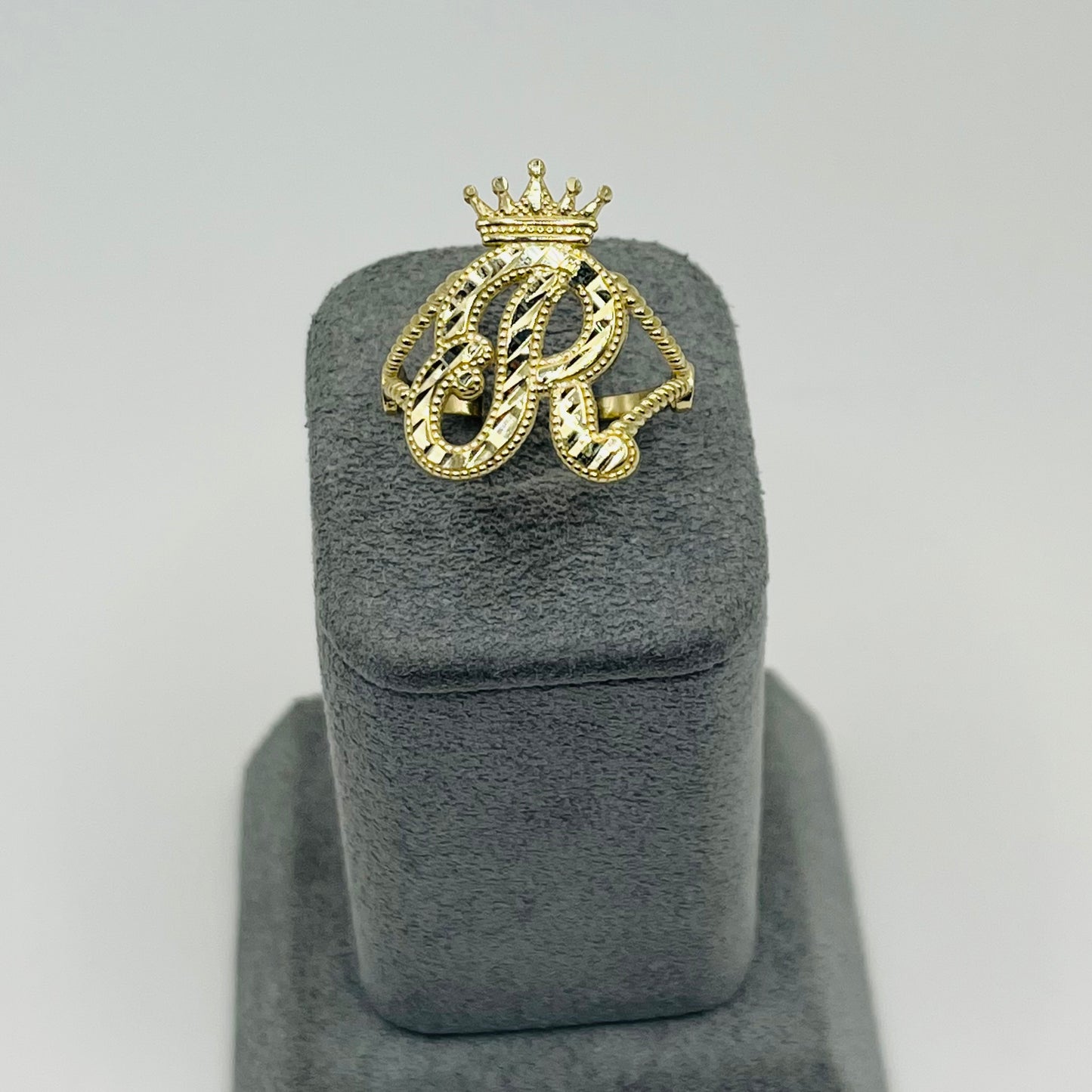 10k Gold Diamond Cut Initial with Crown Ring
