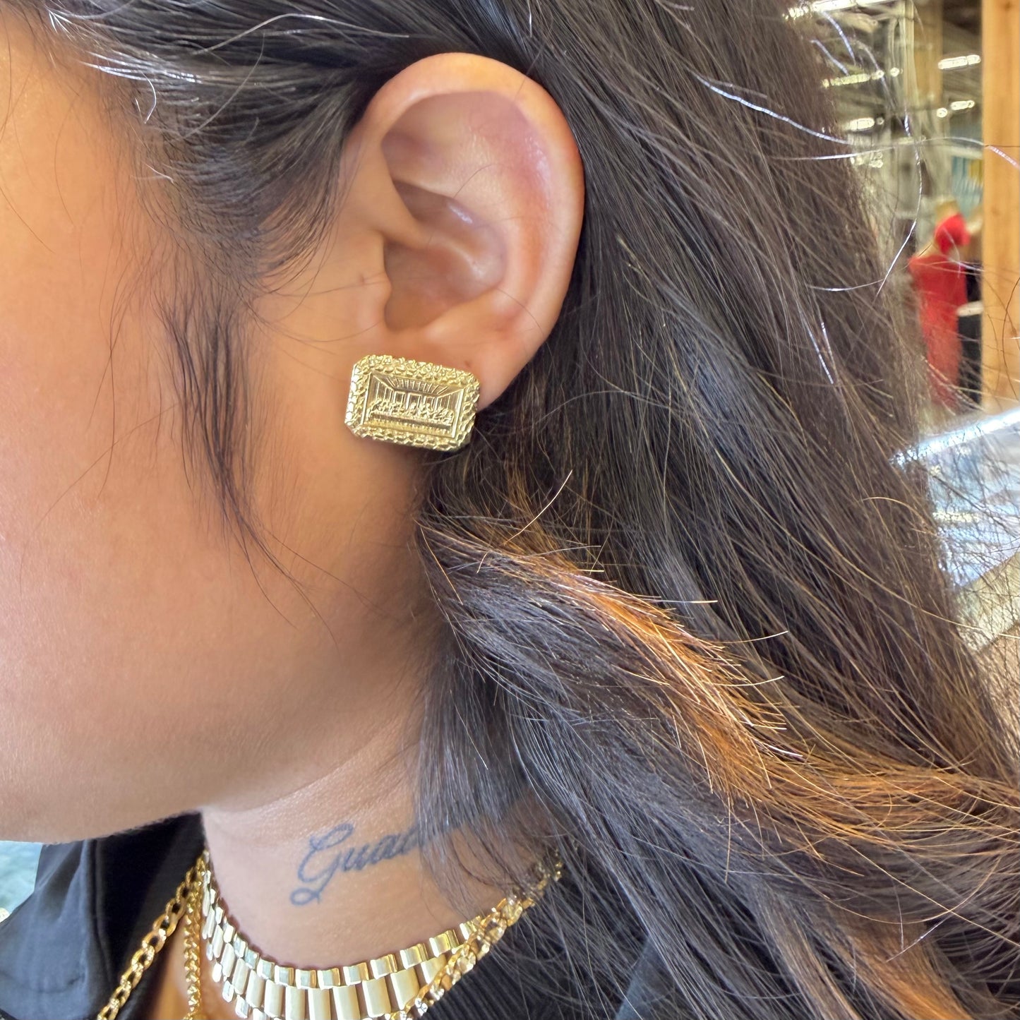 10K Gold Square Nugget Last Supper Earrings (small)