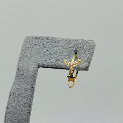 14K Gold CZ Moon with Dangling Star Nose Ring Hoop