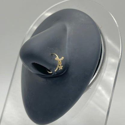 14K Gold CZ Moon with Dangling Star Nose Ring Hoop
