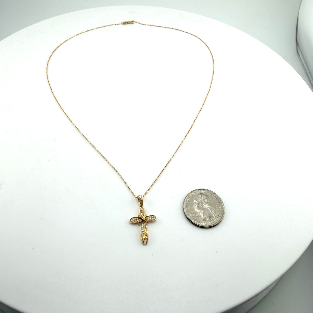 14k Gold Natural Diamond Ribbon Cross Pendant Necklace Set