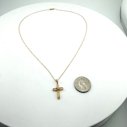 14k Gold Natural Diamond Ribbon Cross Pendant Necklace Set