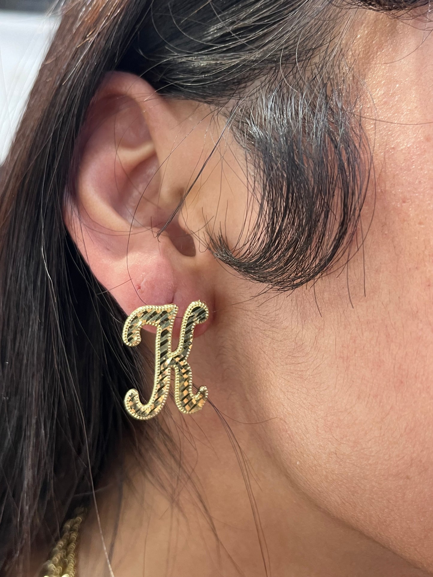 10K Gold  Large Cursive Initial Earrings (shiny diamond cut finish)