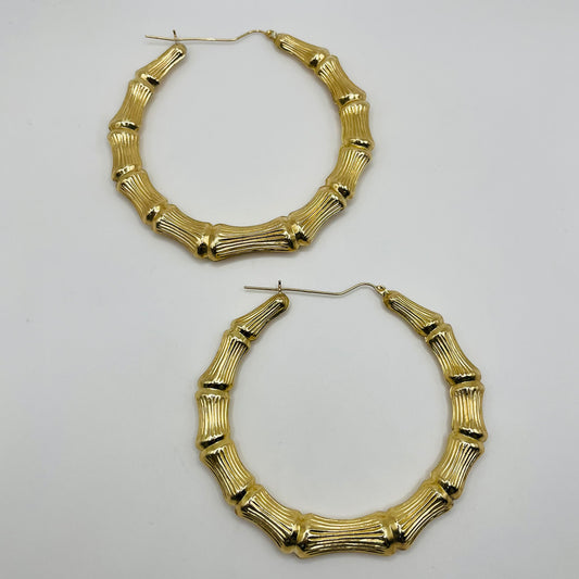 10K Gold Bamboo Hoop Earrings (3 inch)