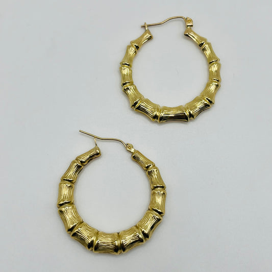 10K Gold Bamboo Hoop Earrings (1.4in)