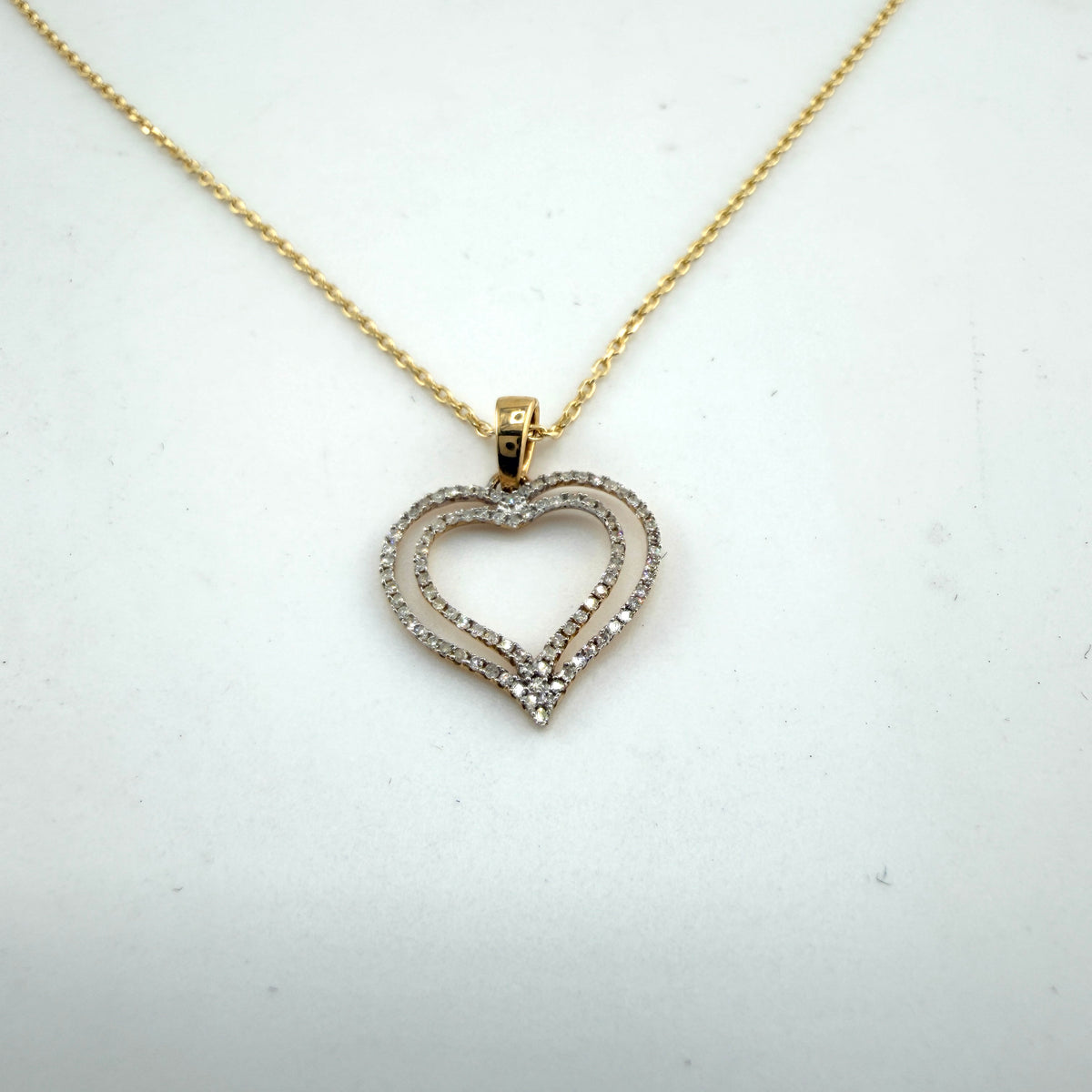 Natural Diamond 14k Gold Double Open Heart Necklace Set