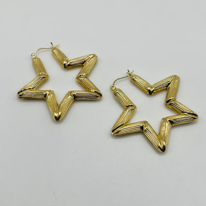 10K Gold Star Bamboo Hoop Earrings (Med, 1.8")