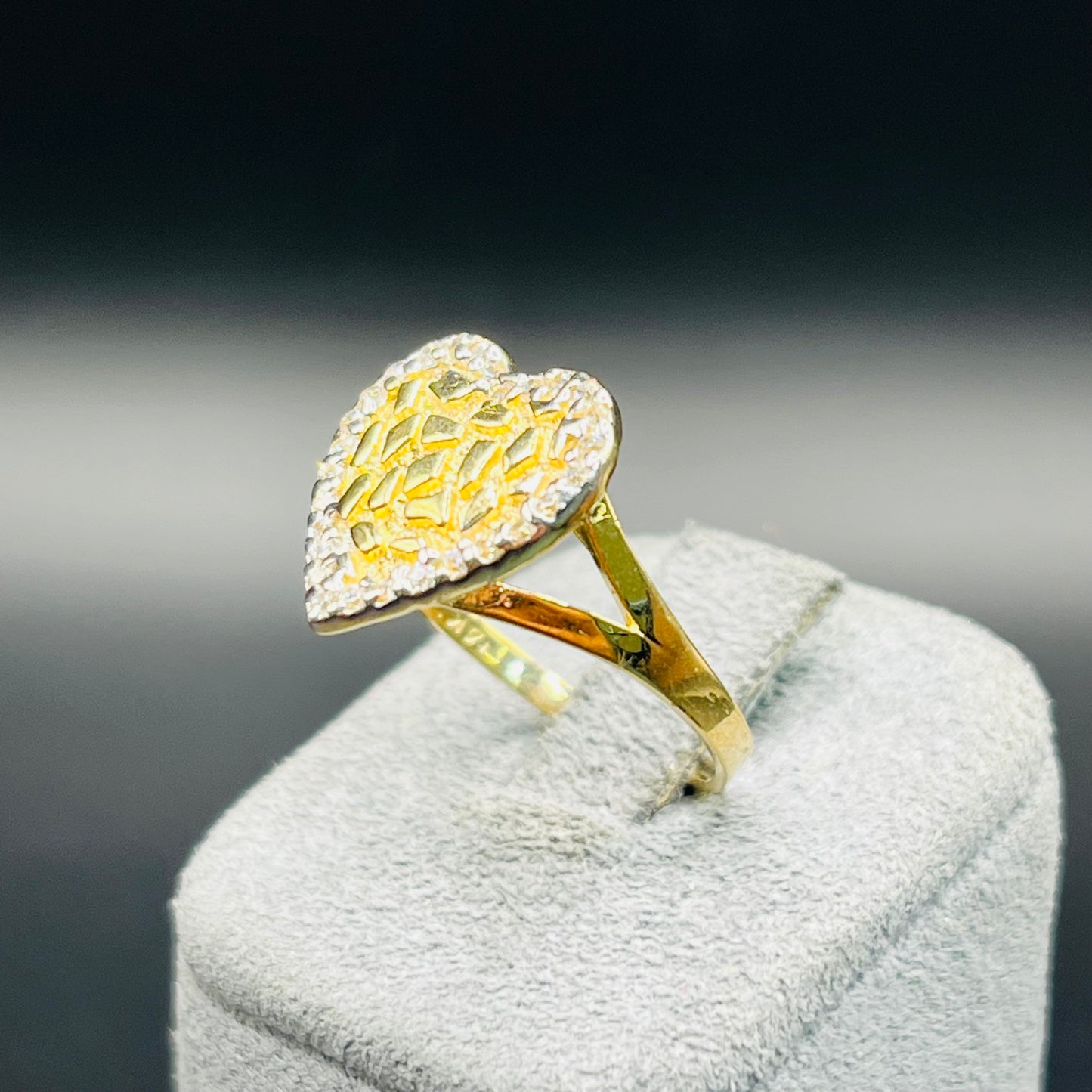 14K Gold Heart Nugget Ring with CZ Border