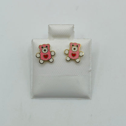 10k Gold Pink Enamel Teddy Bear Earrings (Screwback)