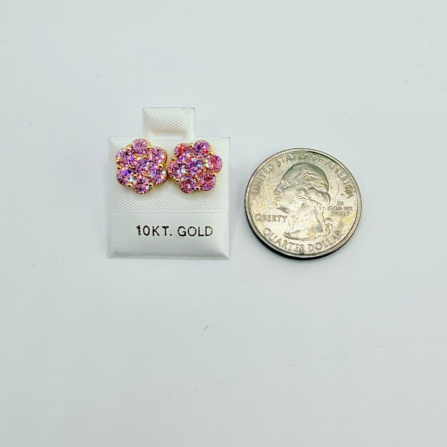 10K Gold Pink Flower CZ studs 10mm