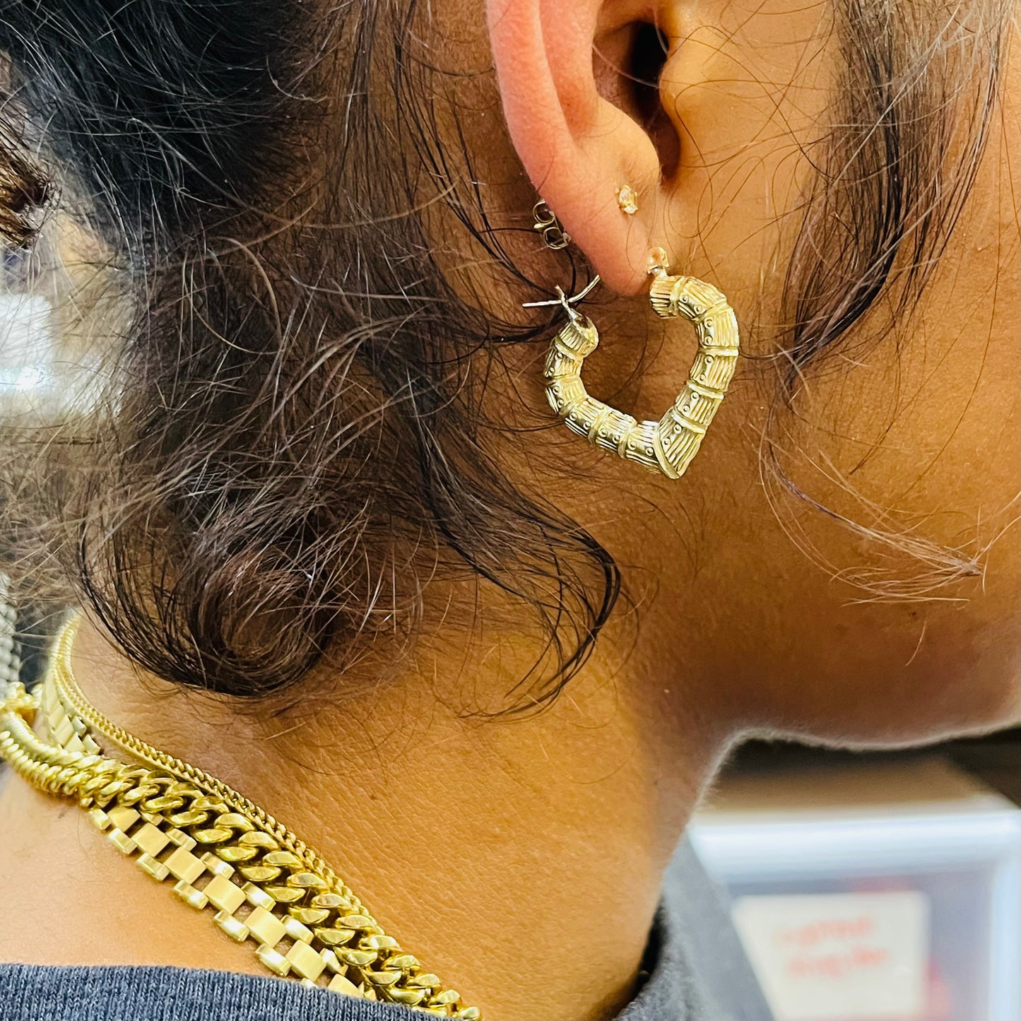 10K Gold Heart Bamboo Hoop Earrings (1 in)
