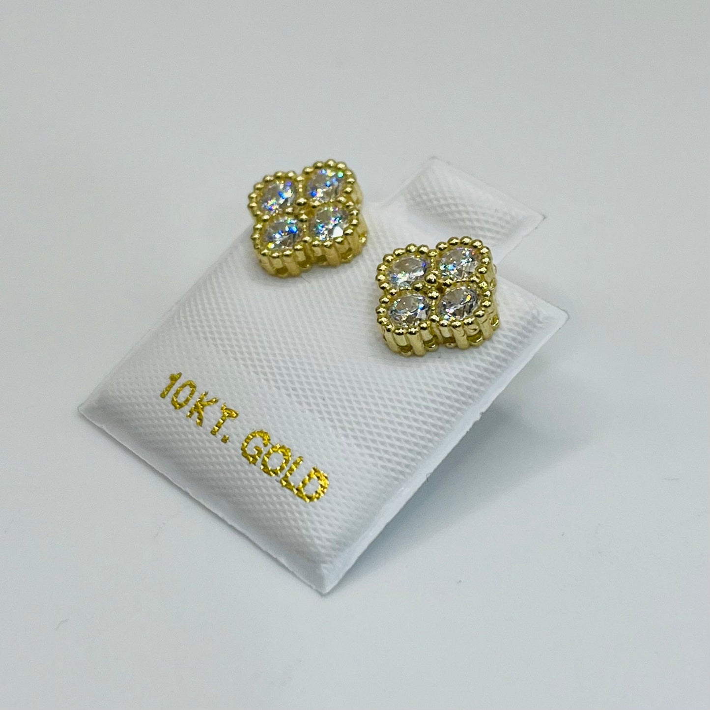 10K Gold White Clover CZ Earrings | Face Size: 8mm