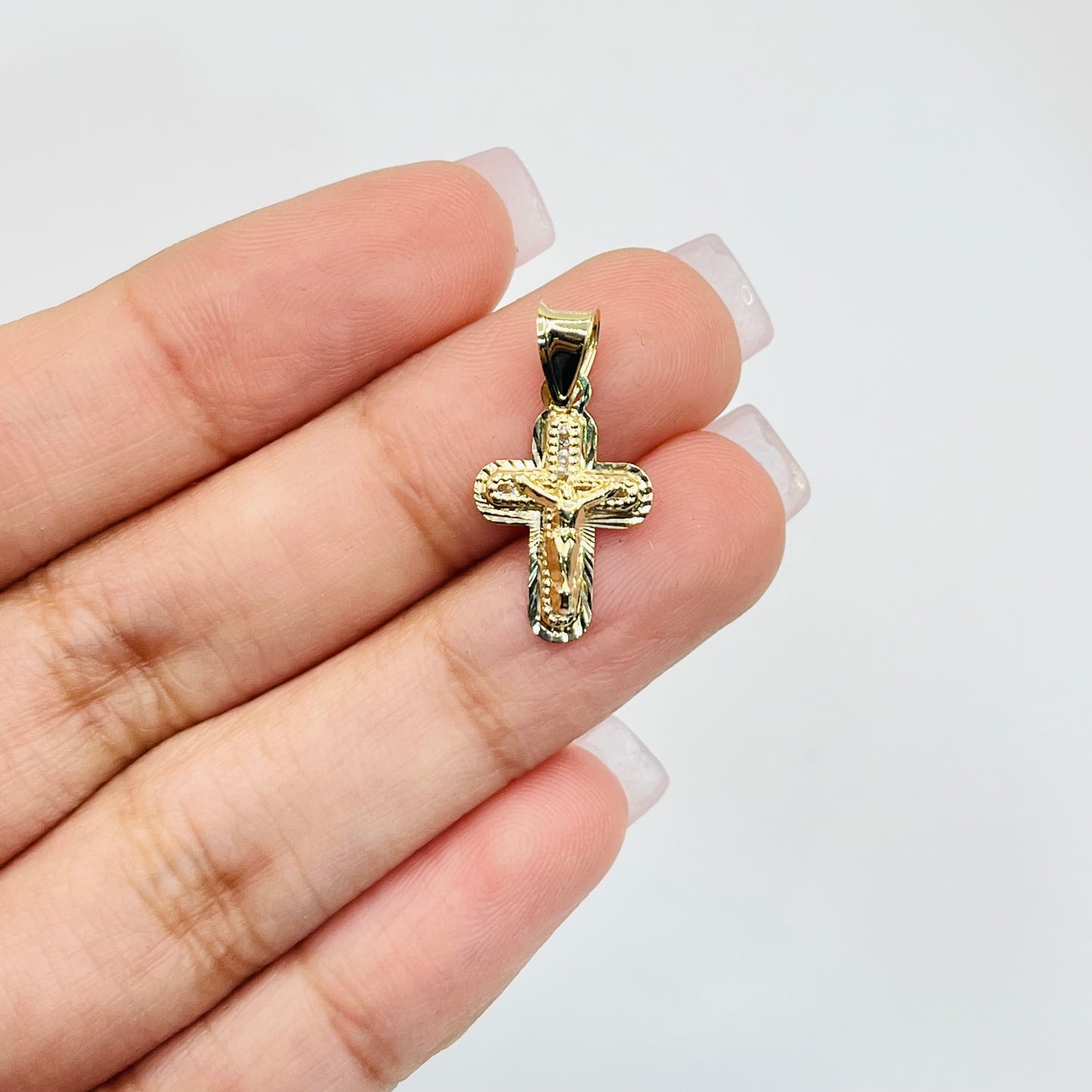 10K Gold Mini Jesus Cross with CZ and Diamond Cut border