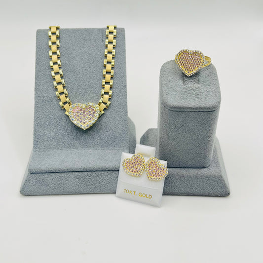 10k Gold Pink Heart 6mm RX Chain Set