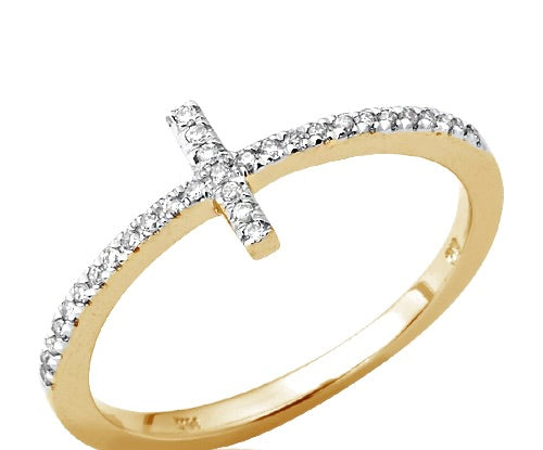 14k Gold Natural Diamond Sideways Cross Ring