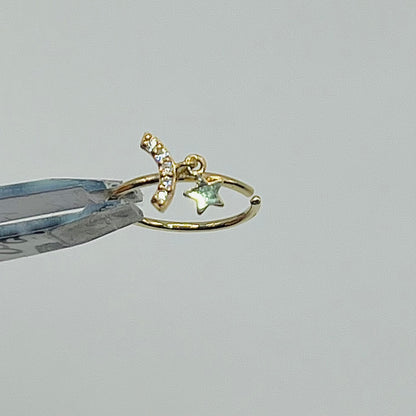 14K Gold CZ Moon with Dangling Star Nose Ring Hoop