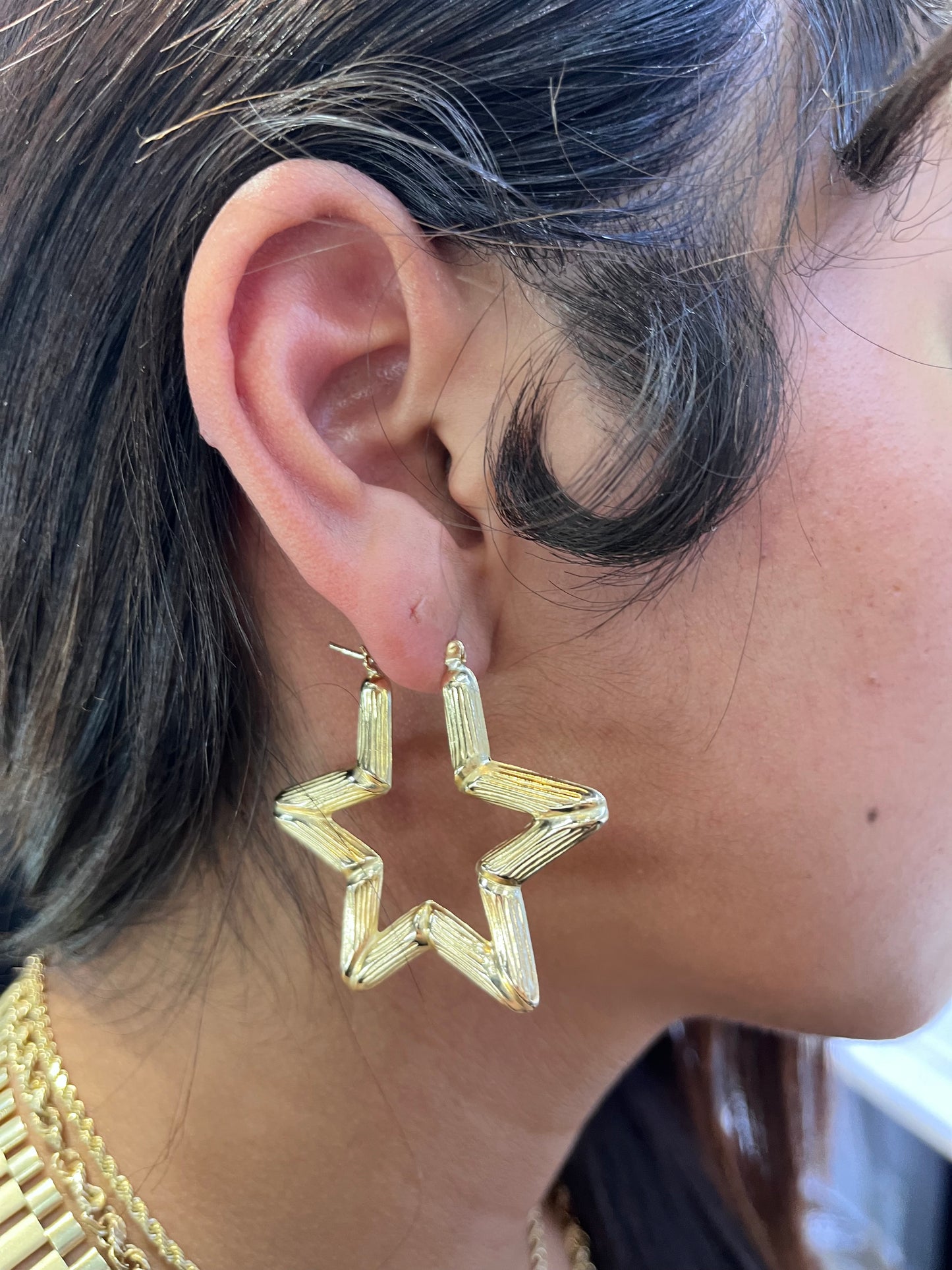 10K Gold Star Bamboo Hoop Earrings (45mm)