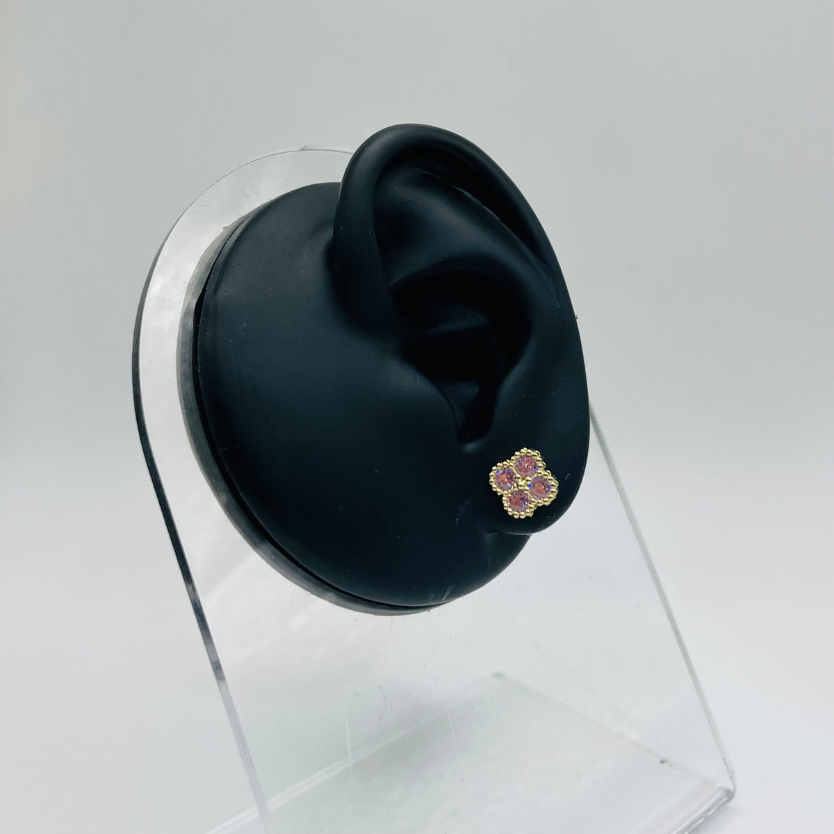10K Gold Pink Clover CZ Earrings | Face Size: 8mm