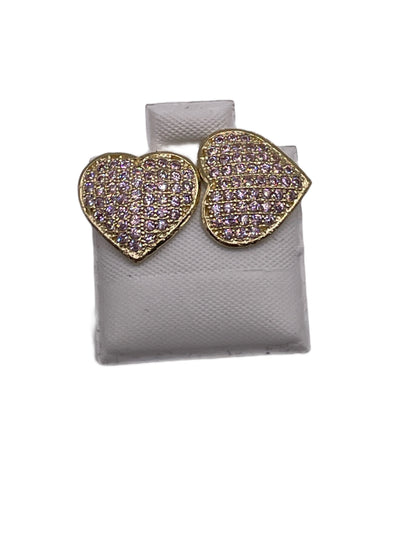 10K Gold Domed Pink Heart Earrings | Face Size: 14mm
