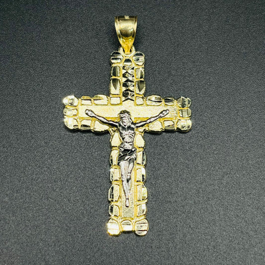 10k gold Square Edge Nugget cross with White Gold Jesus