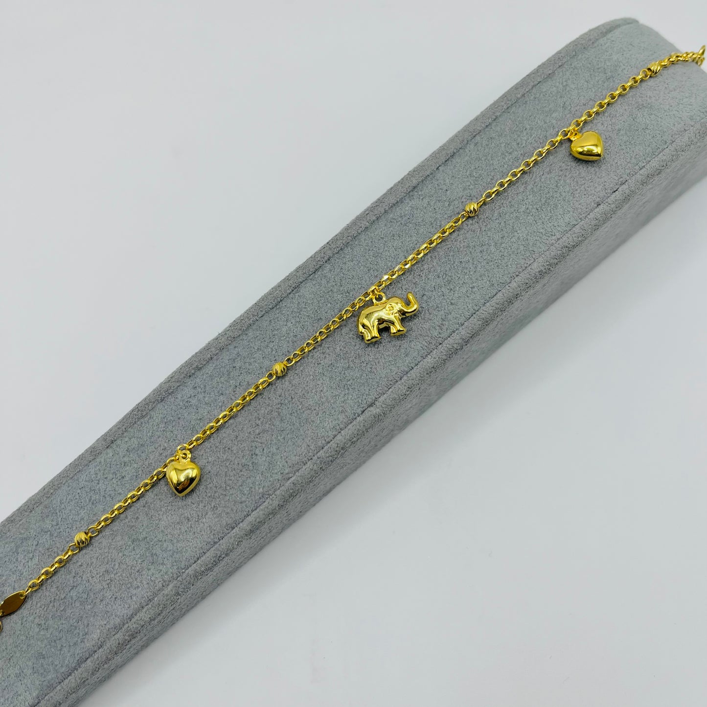 10k Gold Designer Bracelet - Puffed Elephant and Hearts