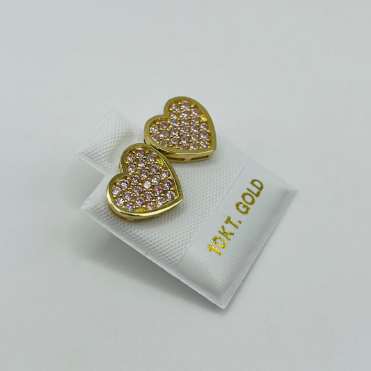 10K Gold Pink CZ Flat Heart Earrings (12mm)