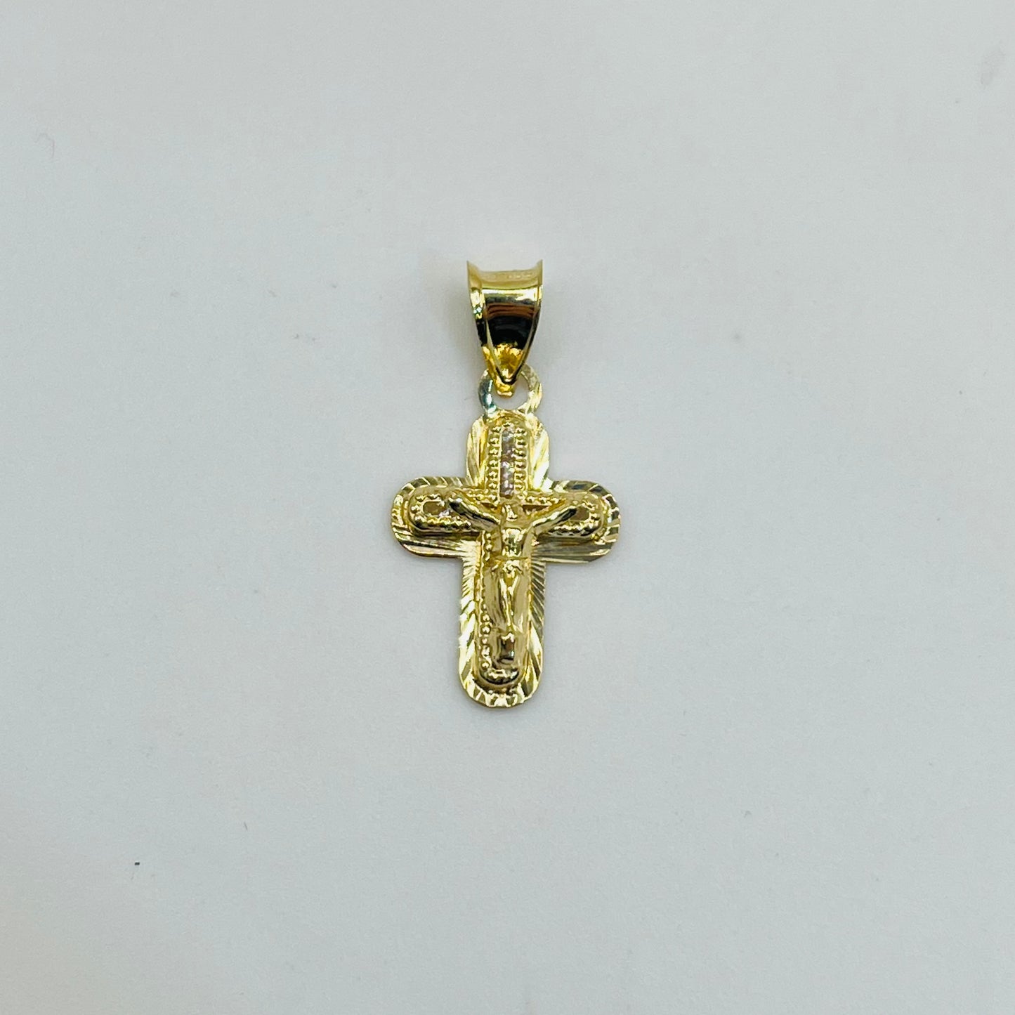 10K Gold Mini Jesus Cross with CZ and Diamond Cut border