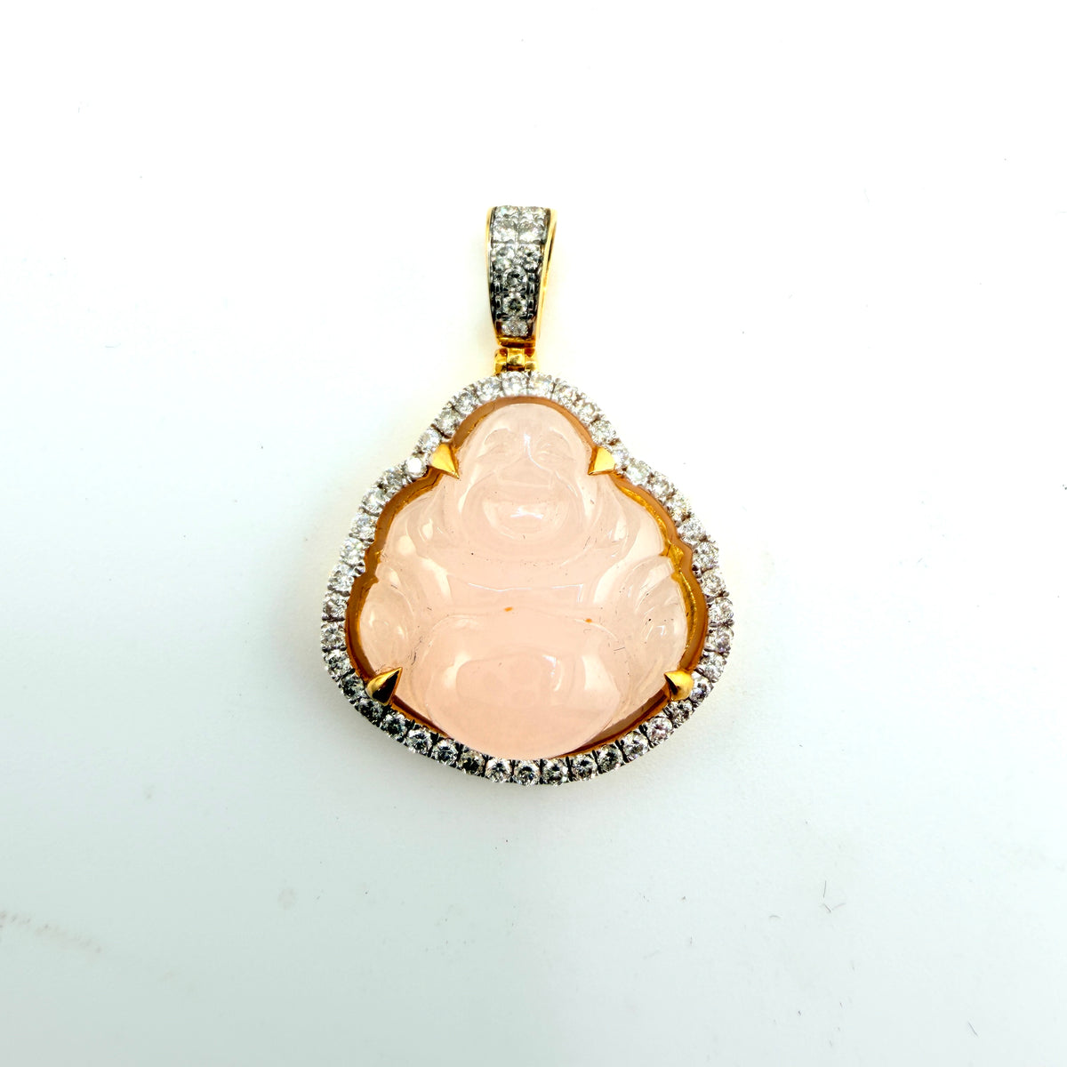 10k Gold Natural Diamond Pink Jade Buddha Charm