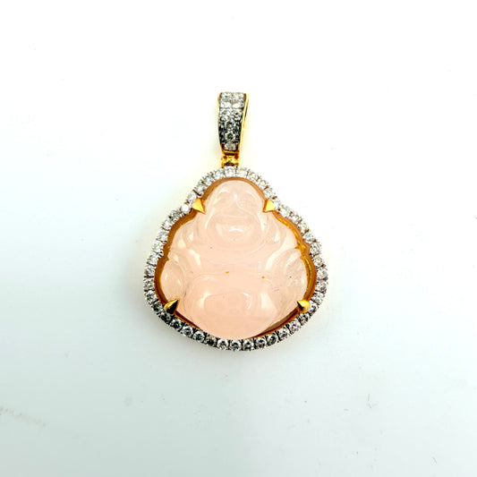 10k Gold Natural Diamond Pink Jade Buddha Charm