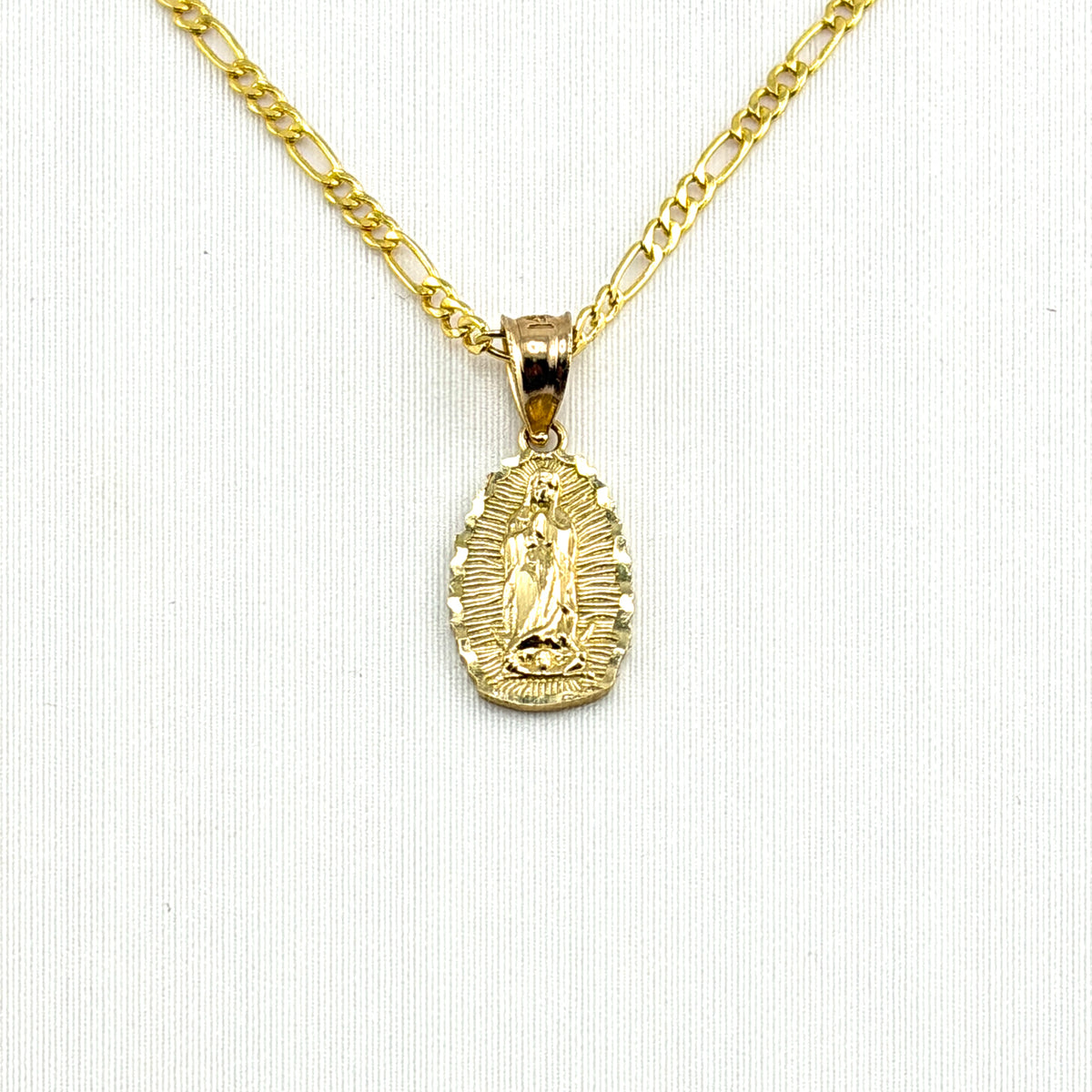 14k Gold Necklace Set - Virgin Mary Charm with Figaro Chain