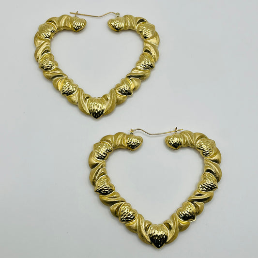 10K Gold Hearts Pattern Hoop Earrings (3")