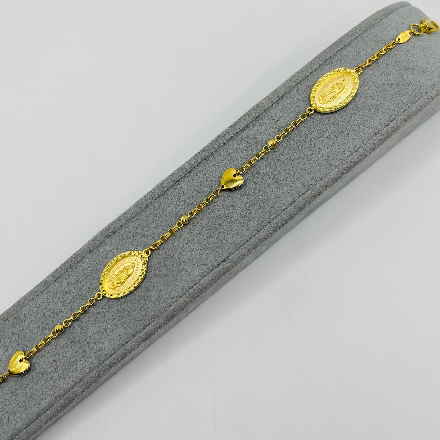 10k Gold Designer Bracelet - Virgin Mary and Hearts