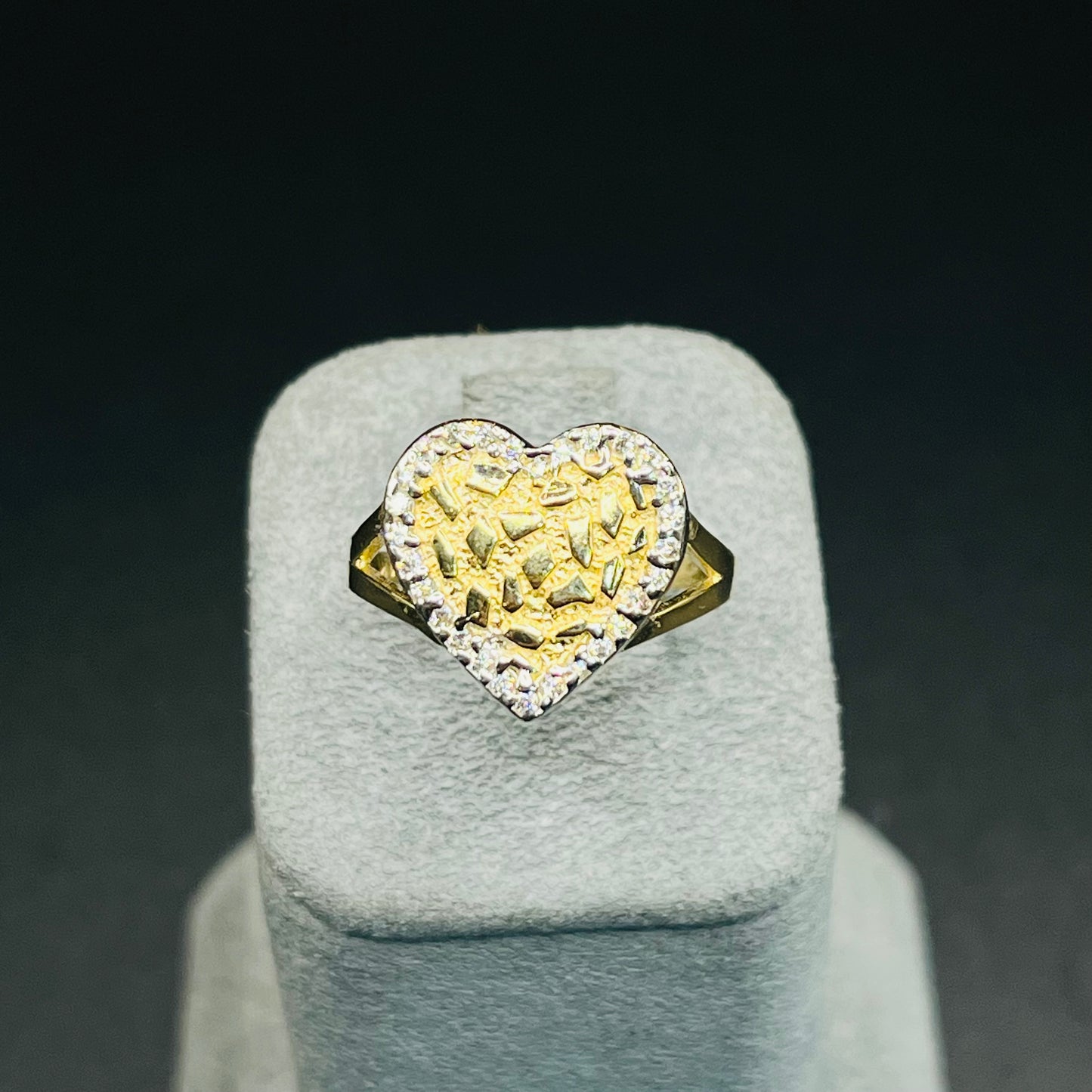 14K Gold Heart Nugget Ring with CZ Border