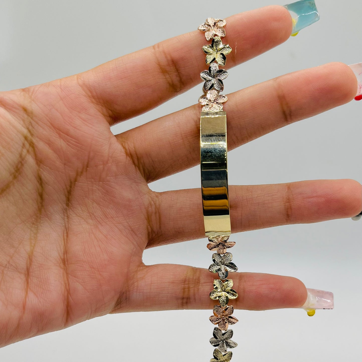 10k Gold 6mm Tr-Color Hibiscus ID Bracelet