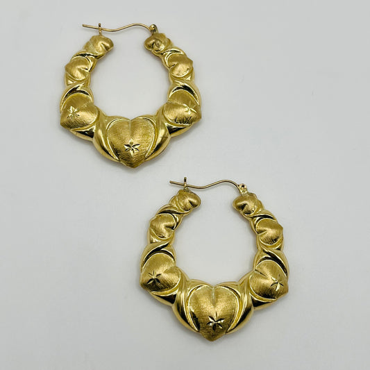 10K Gold Fancy Heart Hoop Earrings (1.8")